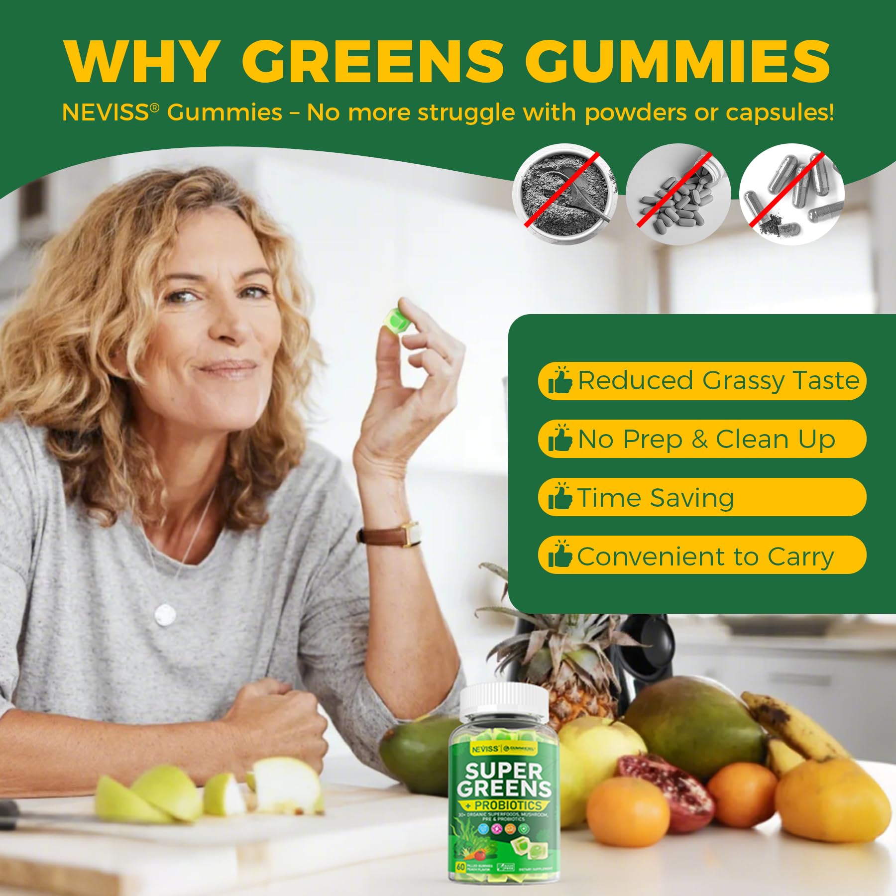 Organic Super Greens Daily Superfood Gummies + Probiotics, Spirulina, Chlorella Spinach Broccoli, Prebiotic Fiber, Mushroom -Rich in Vitamins & Antioxidants - Digestive, Focus, Energy, No Sugar, 60Cts - Image 7