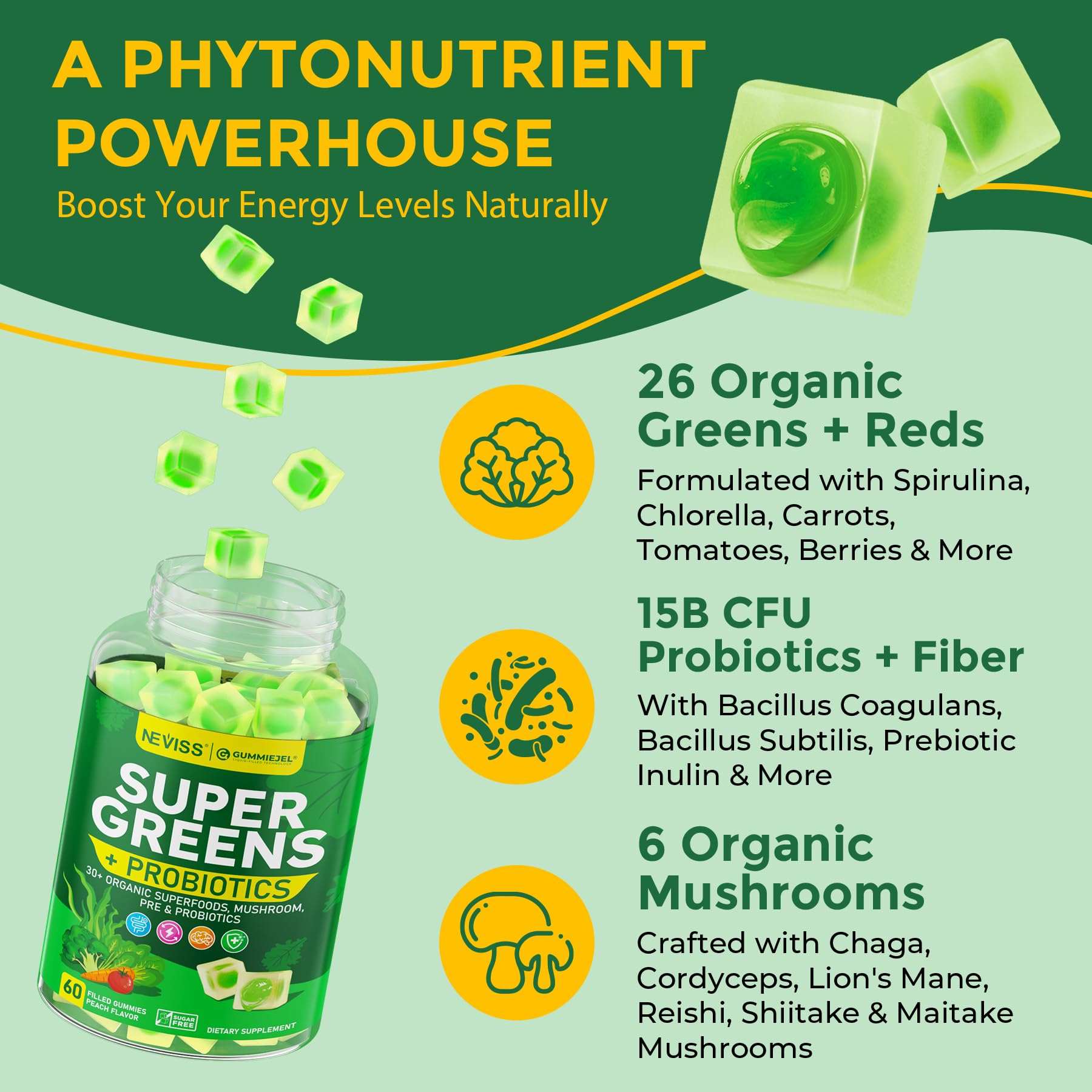 Organic Super Greens Daily Superfood Gummies + Probiotics, Spirulina, Chlorella Spinach Broccoli, Prebiotic Fiber, Mushroom -Rich in Vitamins & Antioxidants - Digestive, Focus, Energy, No Sugar, 60Cts - Image 8