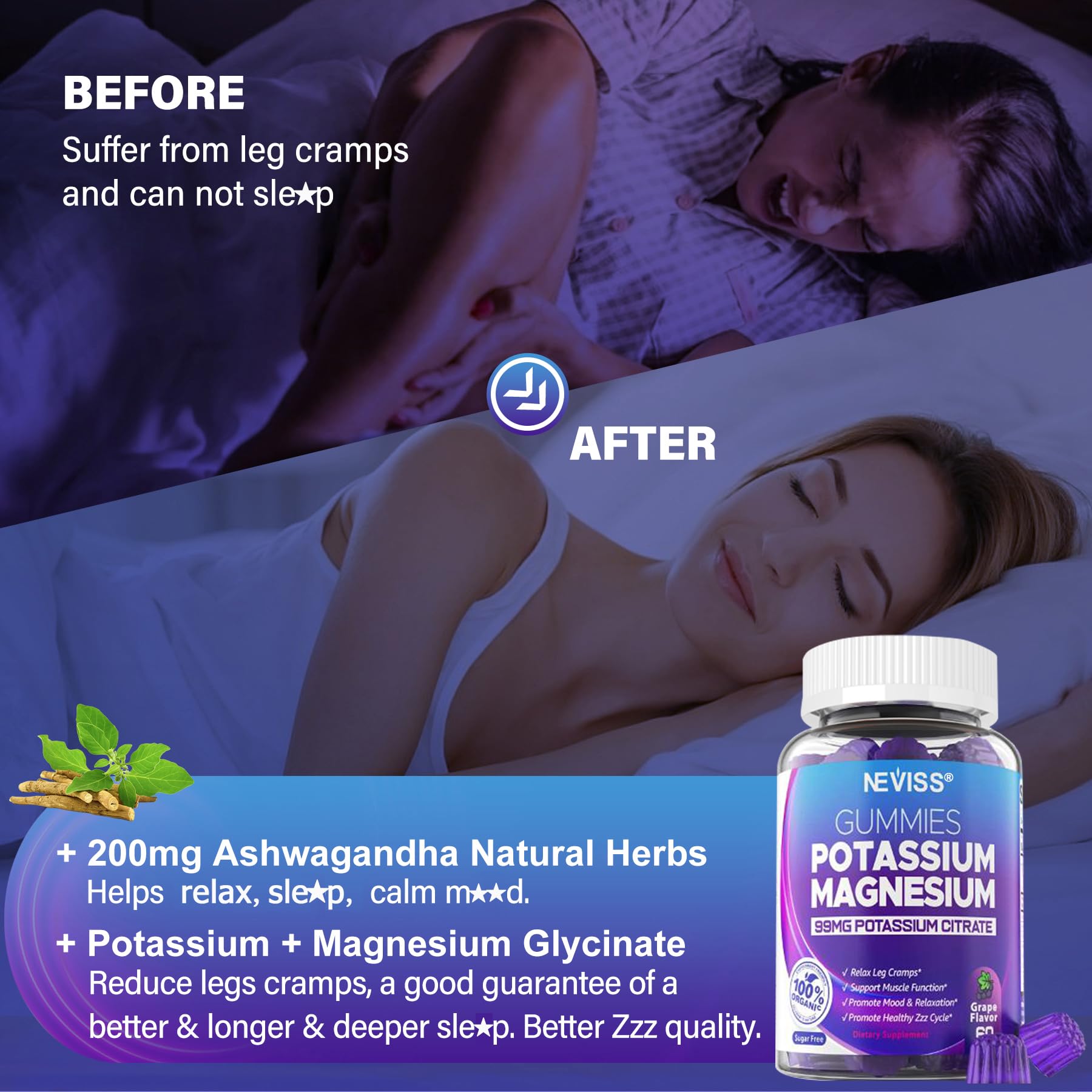 Potassium Magnesium Gummies - Potassium Supplement w/Ashwagandha 200mg, Magnesium Glycinate,B6,B12,P-otassium Citrate for Leg Cramps,Muscle,Electroyte for Adults Kids,Sugar-Free, 2 Pack - Image 5