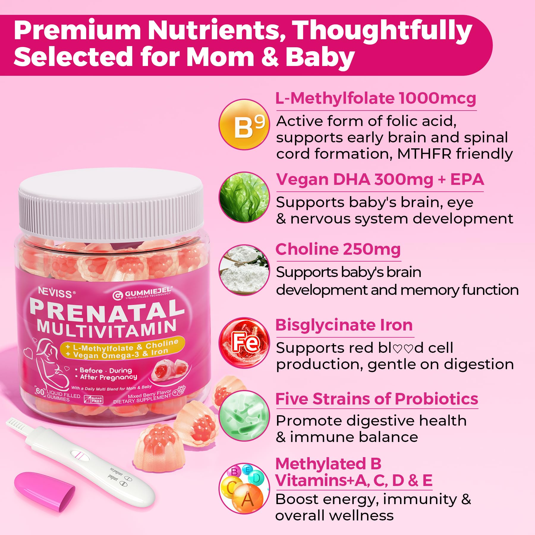 Prenatal Vitamins for Women Multivitamin Gummies w/ Methylfolate 1mg, Choline Omega-3(DHA+EPA) Iron, Postnatal Vitamins for Women Breastfeeding | Before,During & After Pregnancy,Sugar Free,Vegan,60Cts - Image 3