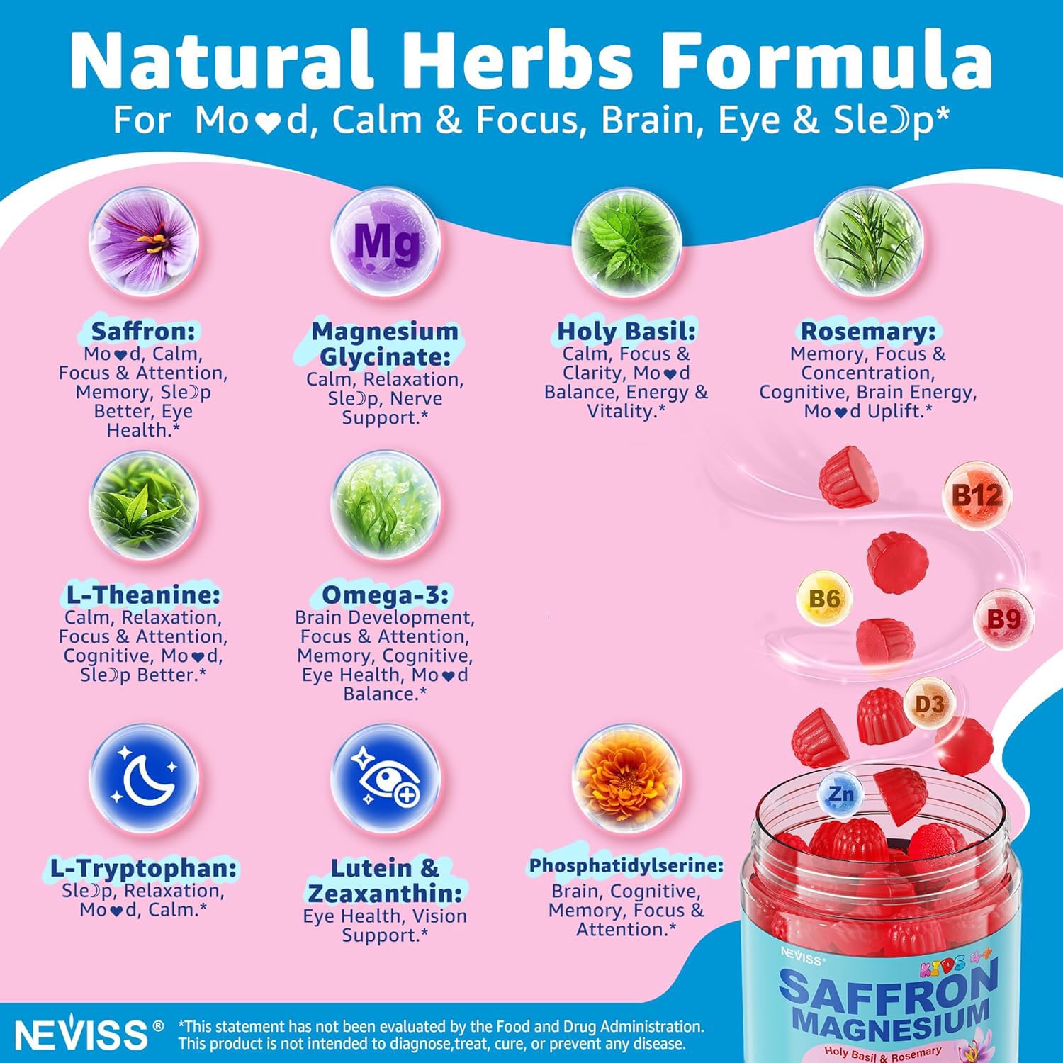 Saffron +Magnesium Glycinate +Omega-3 - Calm Focus Gummies for Kids 4+, Saffron Extract Supplement with L-Theanine, Holy Basil, Rosemary, B6, D3 for Happy Mood, Cognition, ZZz, Sugar Free, 2 Pack - Image 3