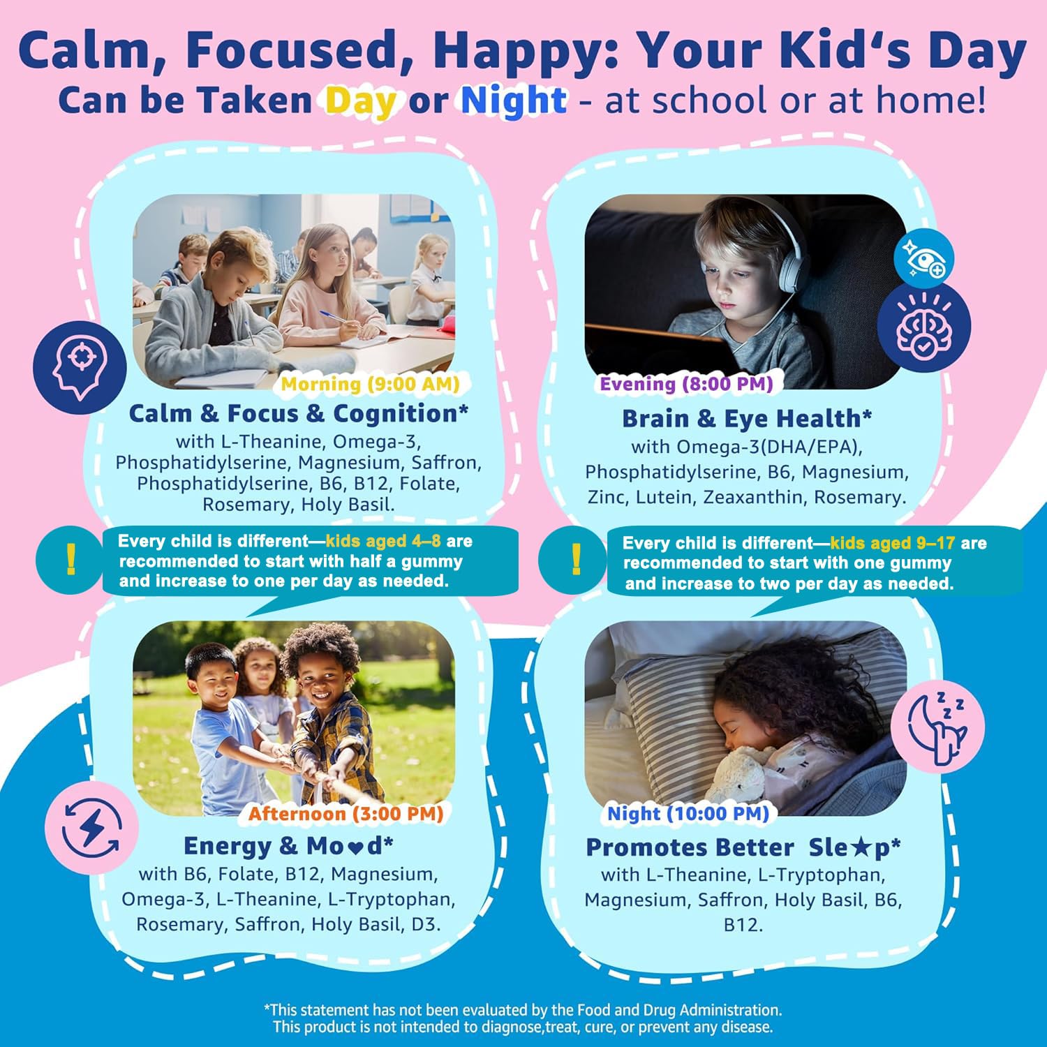 Saffron +Magnesium Glycinate +Omega-3 - Calm Focus Gummies for Kids 4+, Saffron Extract Supplement with L-Theanine, Holy Basil, Rosemary, B6, D3 for Happy Mood, Cognition, ZZz, Sugar Free, 2 Pack - Image 4