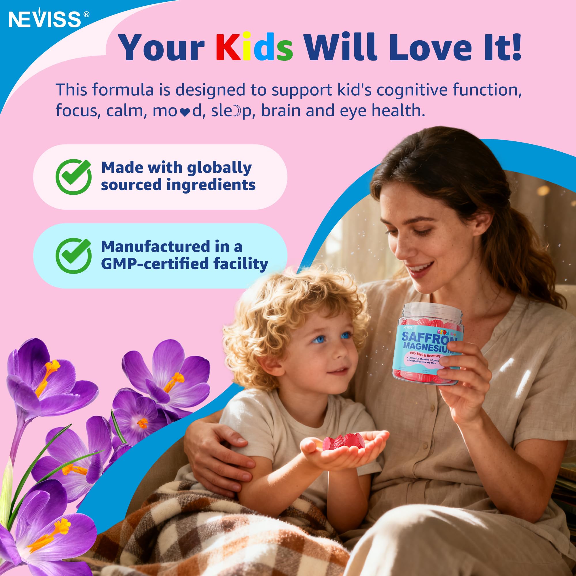 Saffron +Magnesium Glycinate +Omega-3 - Calm Focus Gummies for Kids 4+, Saffron Extract Supplement with L-Theanine, Holy Basil, Rosemary, B6, D3 for Happy Mood, Cognition, ZZz, Sugar Free, 2 Pack - Image 8