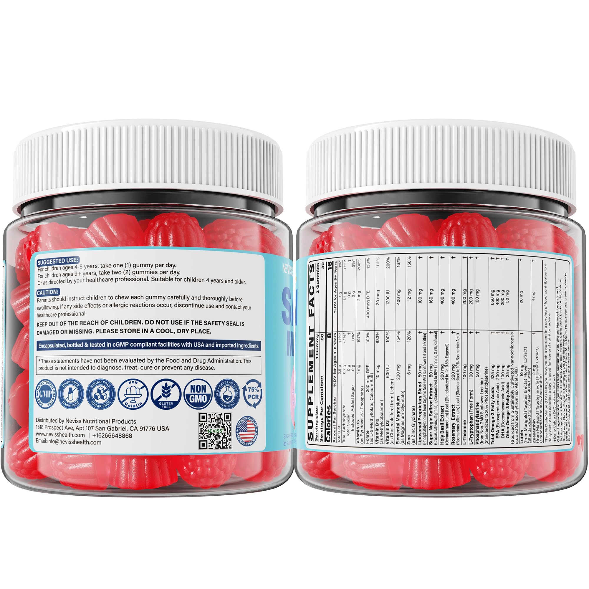 Saffron +Magnesium Glycinate +Omega-3 - Calm Focus Gummies for Kids 4+, Saffron Extract Supplement with L-Theanine, Holy Basil, Rosemary, B6, D3 for Happy Mood, Cognition, ZZz, Sugar Free, 2 Pack - Image 9