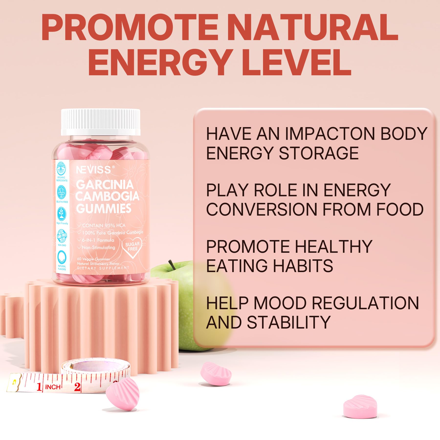 Sugar Free Garcinia Cambogia Gummies 1000mg 95% HCA Pure Extract with L-Carnitine, Raspberry Ketone, Chromium, Green Coffee Bean for Metabolism, 100% Organic Extract, Vegan, Strawberry Flavor 60 Cts - Image 3