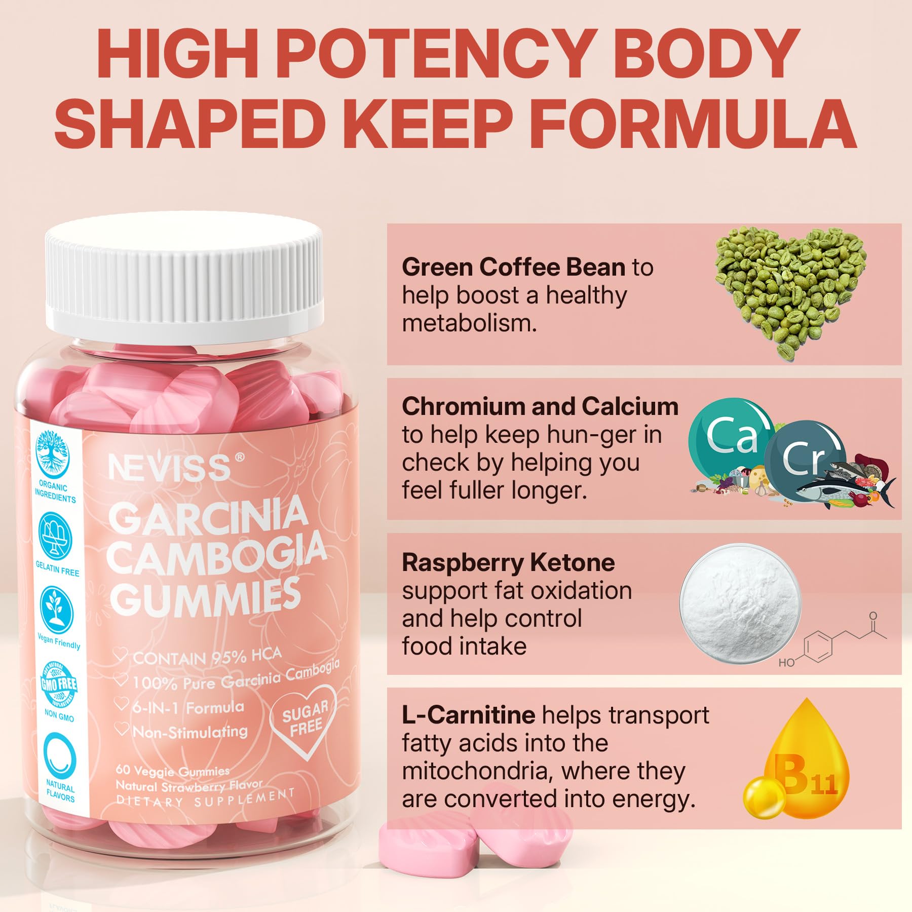 Sugar Free Garcinia Cambogia Gummies 1000mg 95% HCA Pure Extract with L-Carnitine, Raspberry Ketone, Chromium, Green Coffee Bean for Metabolism, 100% Organic Extract, Vegan, Strawberry Flavor 60 Cts - Image 5