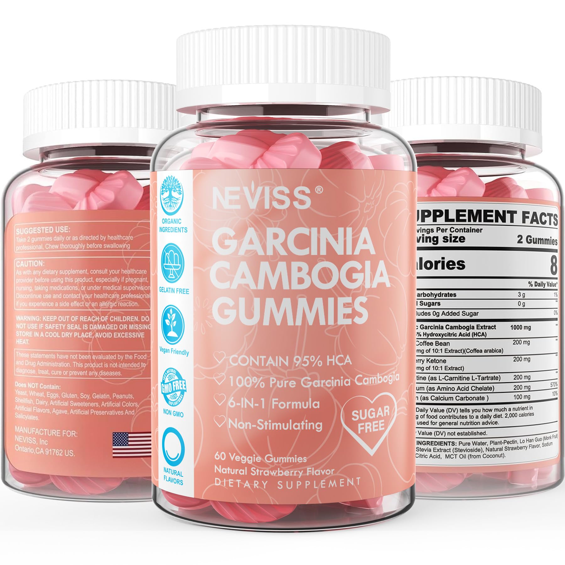 Sugar Free Garcinia Cambogia Gummies 1000mg 95% HCA Pure Extract with L-Carnitine, Raspberry Ketone, Chromium, Green Coffee Bean for Metabolism, 100% Organic Extract, Vegan, Strawberry Flavor 60 Cts - Image 8