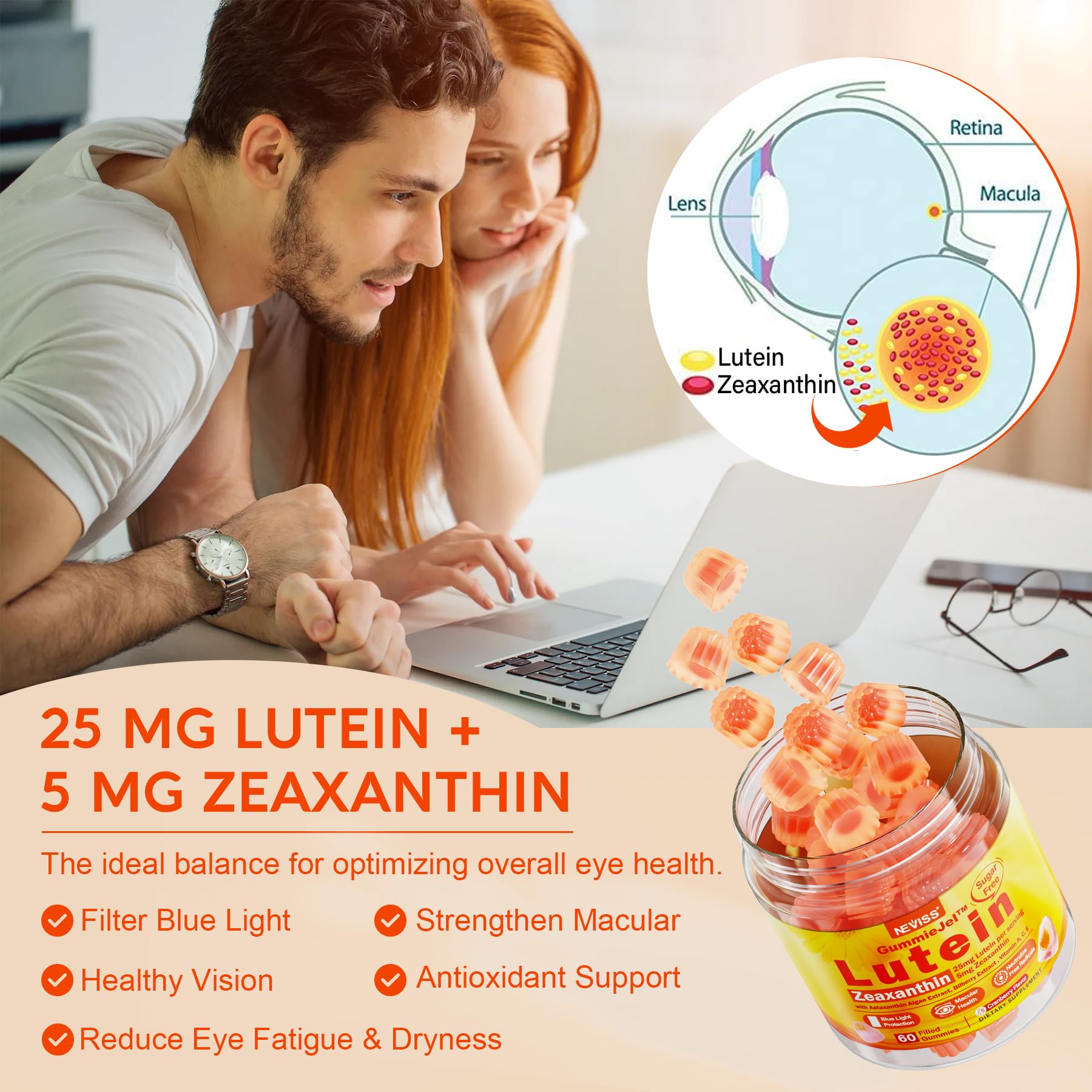 Sugar-Free Lutein Zeaxanthin Supplements Gummies (25mg) Vitamins A, C, E, Bilberry, Astaxanthin - Coconut Oil for Better Absorption - Adults & Teens Vision Health, Eye Strain, Dry Eyes - Vegan, 60Cts - Image 4