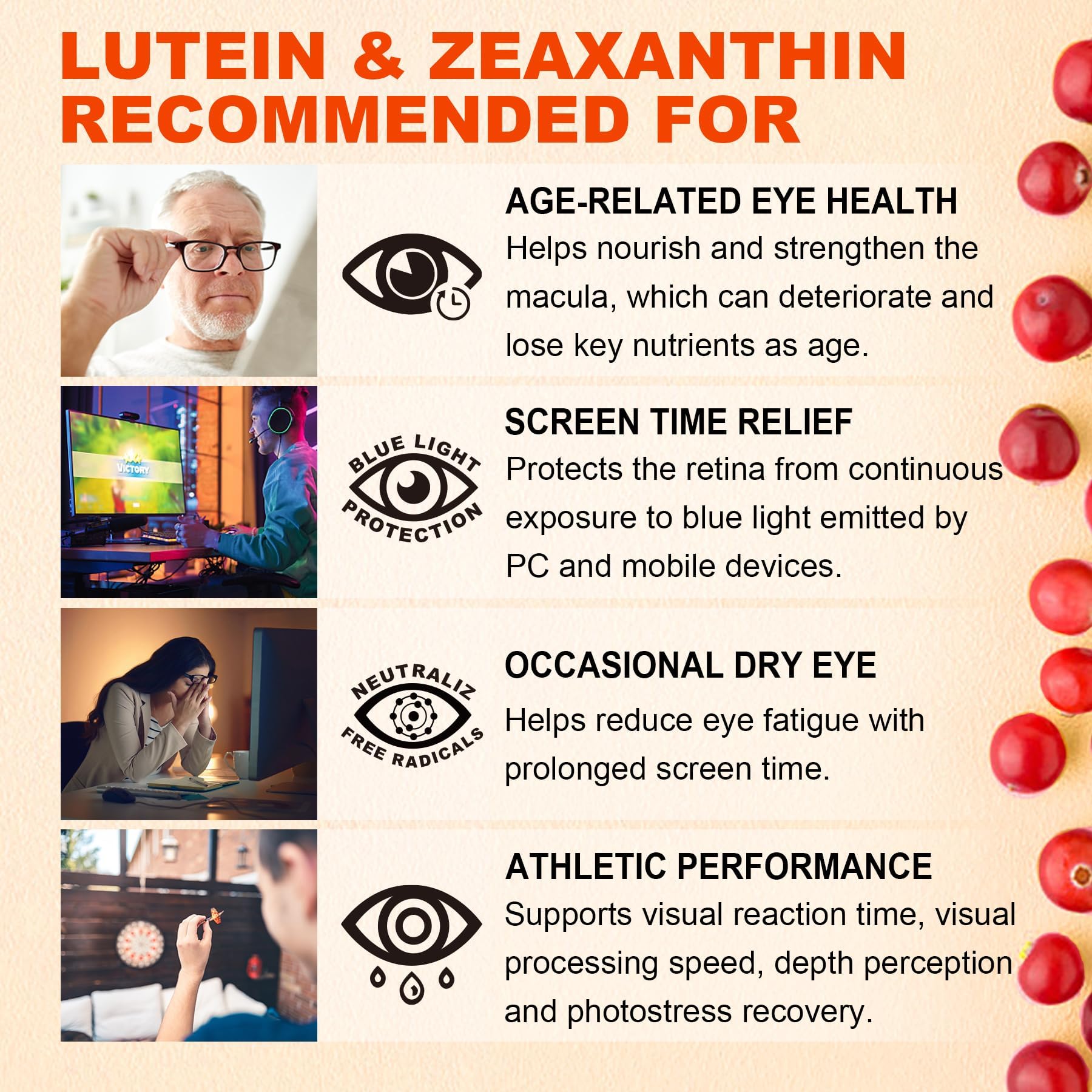 Sugar-Free Lutein Zeaxanthin Supplements Gummies (25mg) Vitamins A, C, E, Bilberry, Astaxanthin - Coconut Oil for Better Absorption - Adults & Teens Vision Health, Eye Strain, Dry Eyes - Vegan, 60Cts - Image 8