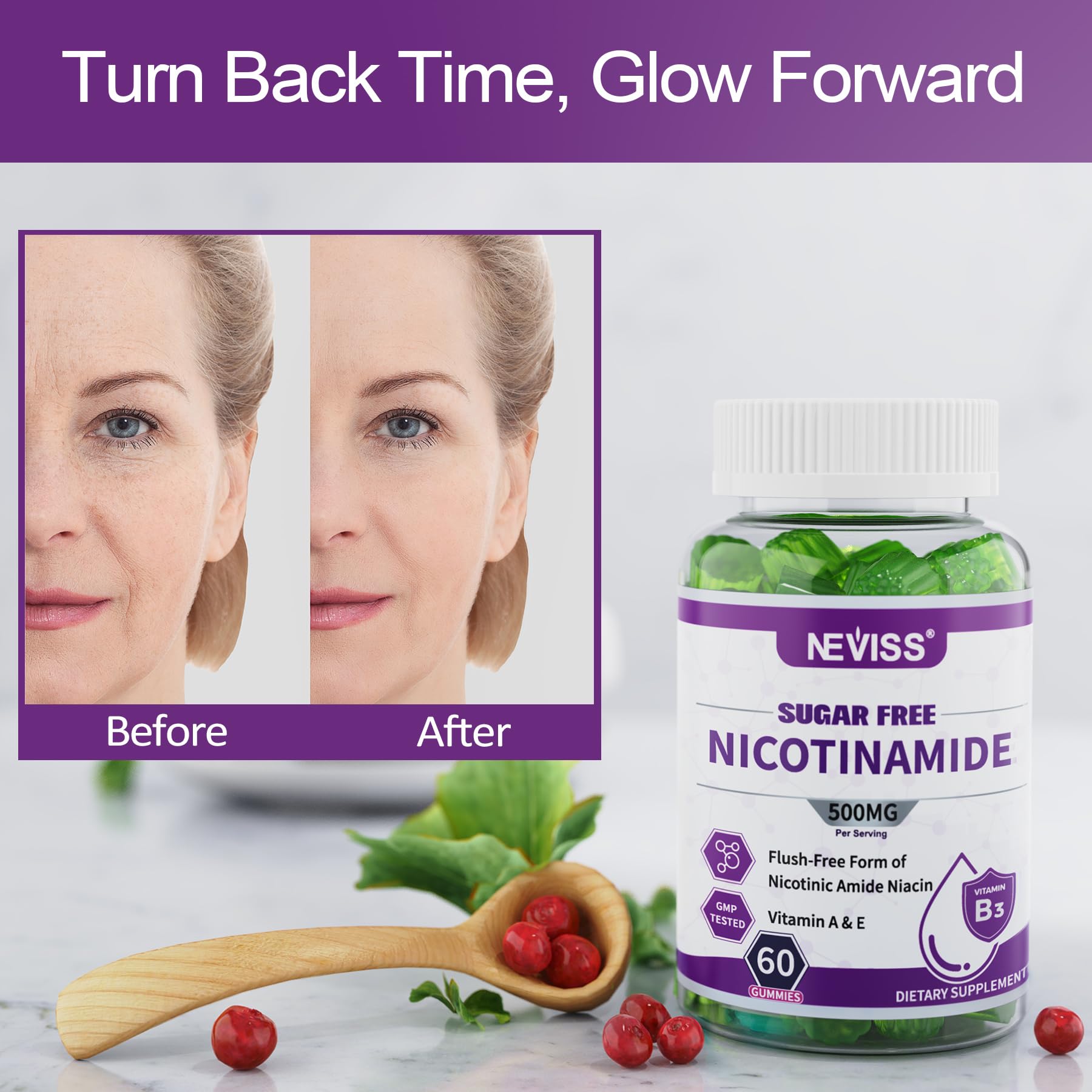 Sugar Free Nicotinamide 500mg Gummies, (Flush Free Niacin) Vitamin B3 Niacinamide Supplement for Cellular Energy Metabolism & Repair, Vitality, Healthy Aging, Cranberry Flavor, Easy to Chew, 120 Cts - Image 6