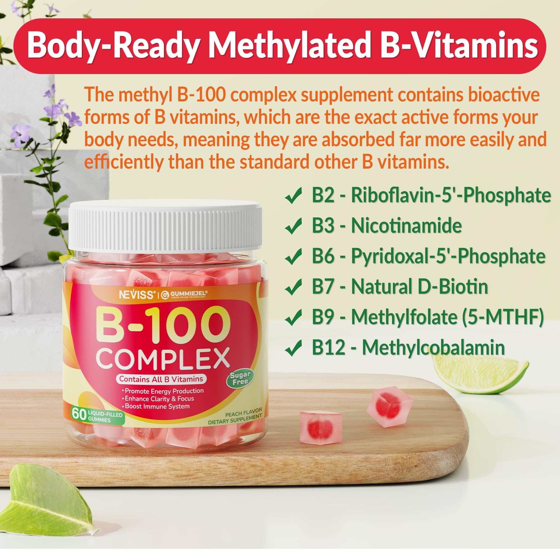 Super Vitamin B Complex Gummies - Methylated B Complex for Women & Men, All B Vitamins, Methyl B12, Methylfolate, Vitamin C, Choline, Inositol, PABA for Energy, Brain & Immune, 0g Sugar, Vegan, 60 Cts - Image 5