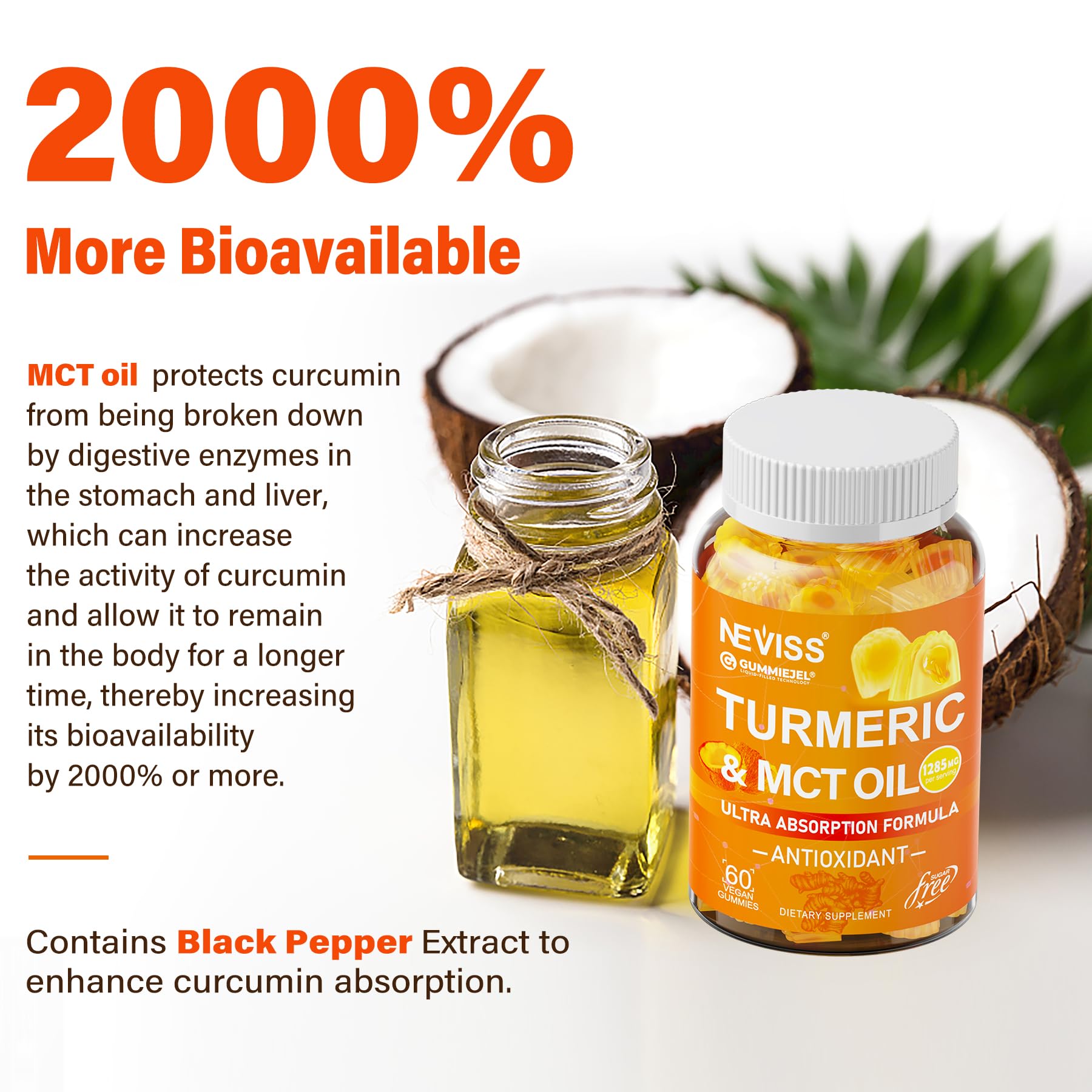 Turmeric Gummies 1000mg w/MCT Oil C8 C10, Organic Antioxidant, Turmeric Curcumin Supplement with Black Pepper Extract, Support Comfort, Boost Energy, Ultra Absorption, Sugar Free, 60 Cts - Image 7