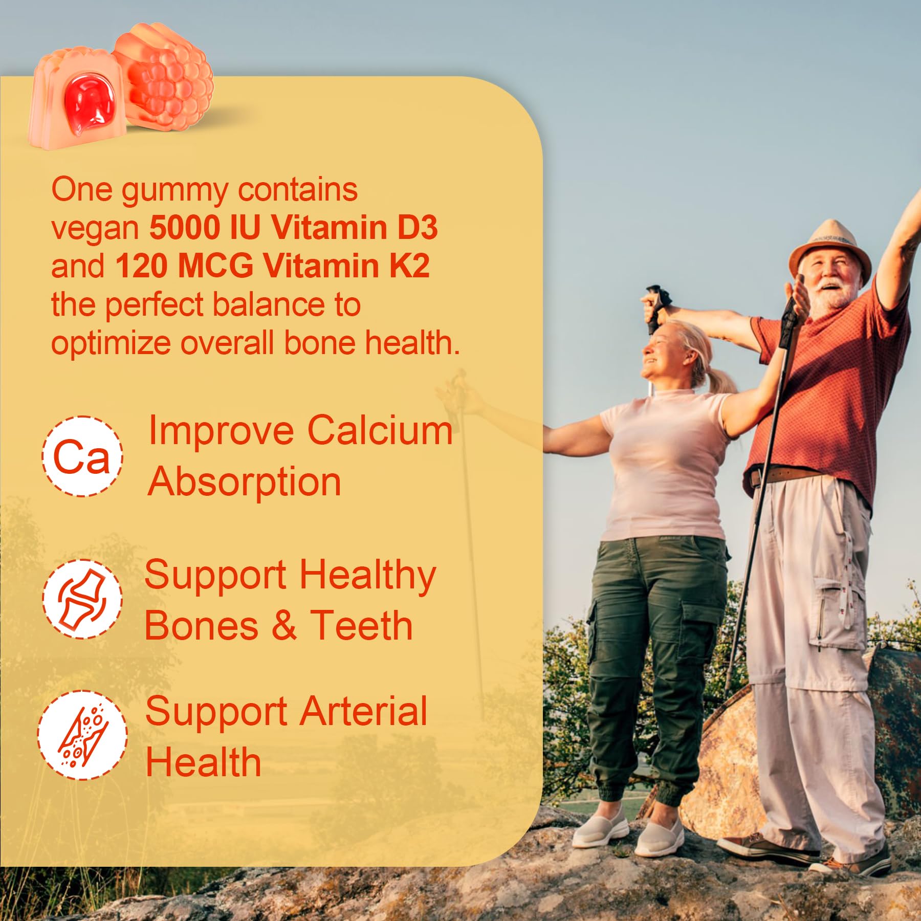 Vitamin D3 5000IU + K2 (MK-7) 120mcg, Sugar-Free Vitamin D3 K2 Filled Gummies with Vitamin B Complex - Methyl B12, B9, B6 | Vitamin E & Zinc, MCT Oil - Supports Bone & Teeth Strength, Immune, 1PACK - Image 3