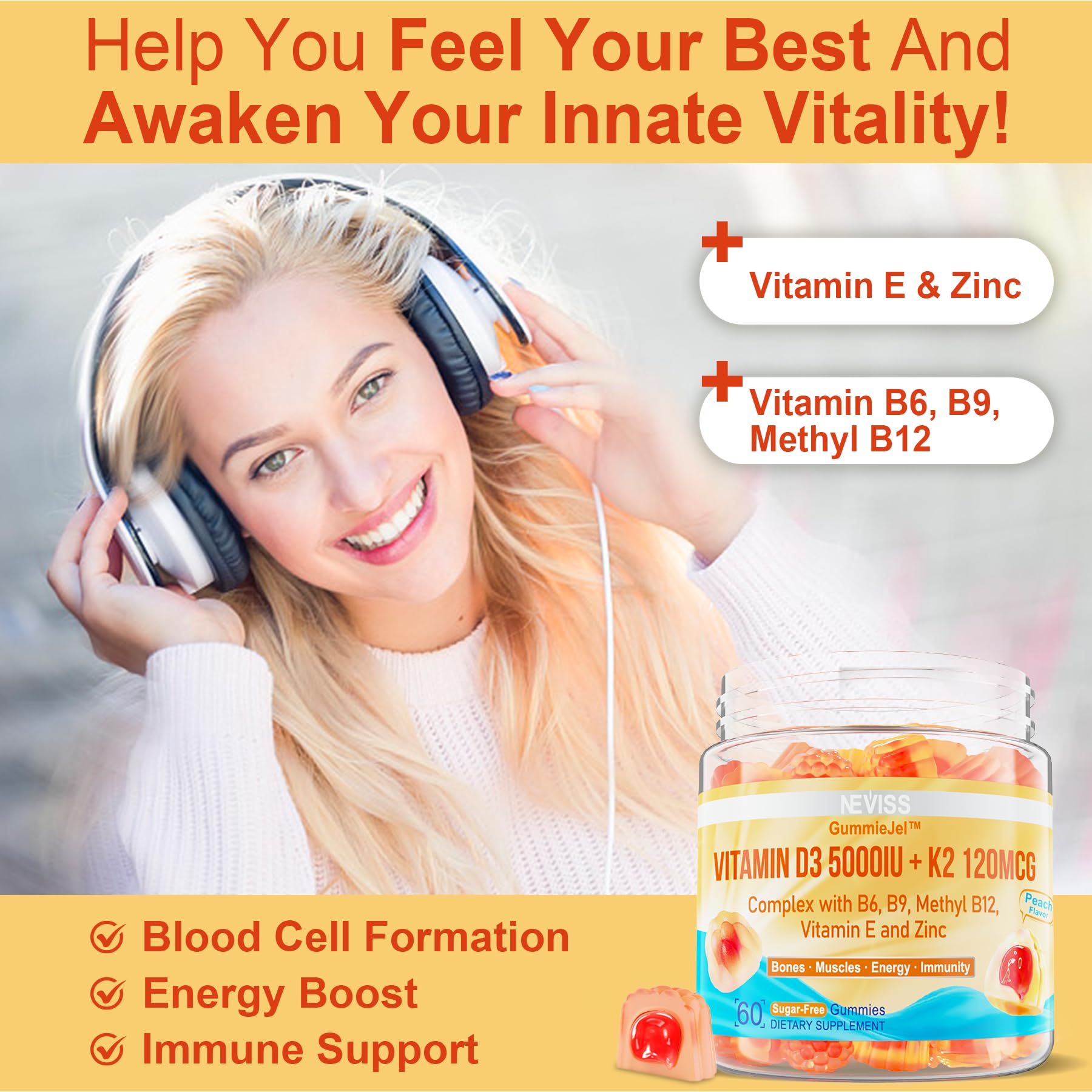 Vitamin D3 5000IU + K2 (MK-7) 120mcg, Sugar-Free Vitamin D3 K2 Filled Gummies with Vitamin B Complex - Methyl B12, B9, B6 | Vitamin E & Zinc, MCT Oil - Supports Bone & Teeth Strength, Immune, 1PACK - Image 4