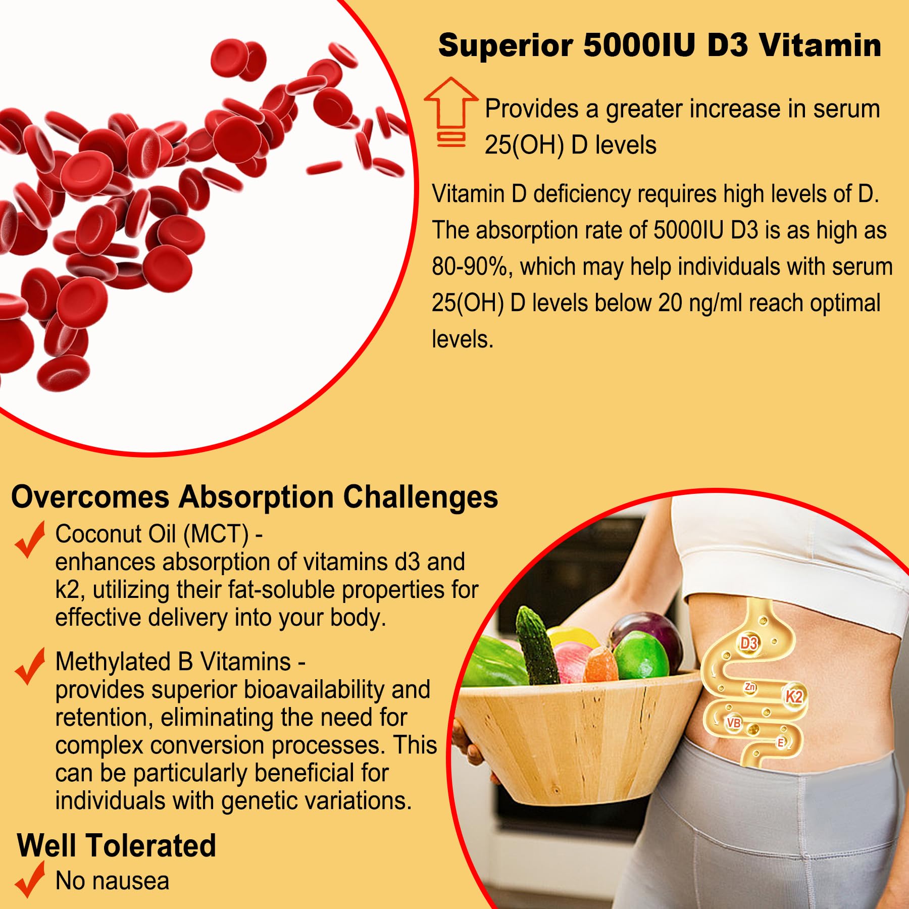 Vitamin D3 5000IU + K2 (MK-7) 120mcg, Sugar-Free Vitamin D3 K2 Filled Gummies with Vitamin B Complex - Methyl B12, B9, B6 | Vitamin E & Zinc, MCT Oil - Supports Bone & Teeth Strength, Immune, 1PACK - Image 5