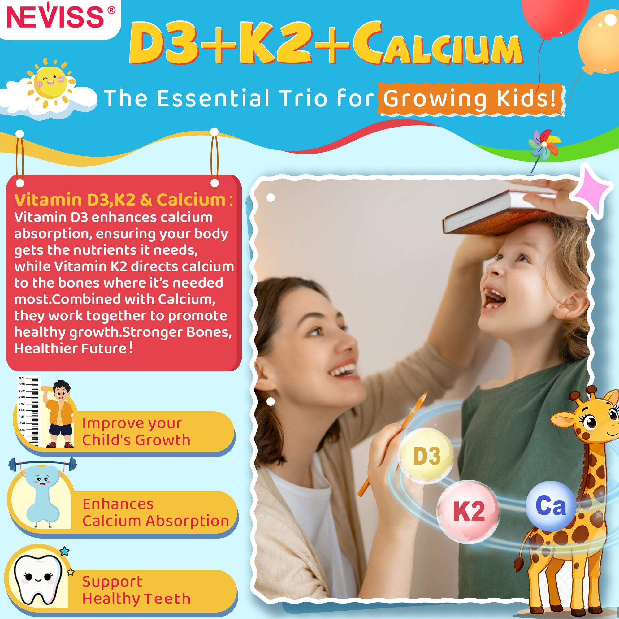 Vitamin D3 K2 Gummies for Kids & Teens + Calcium, Magnesium, Zinc, Phosphorus, C, Kids Multivitamin D3 & K2 Supplement for Bone Health, Calcium Absorption, Focus & Immunity, Non GMO, Sugar Free, 2Pack - Image 3