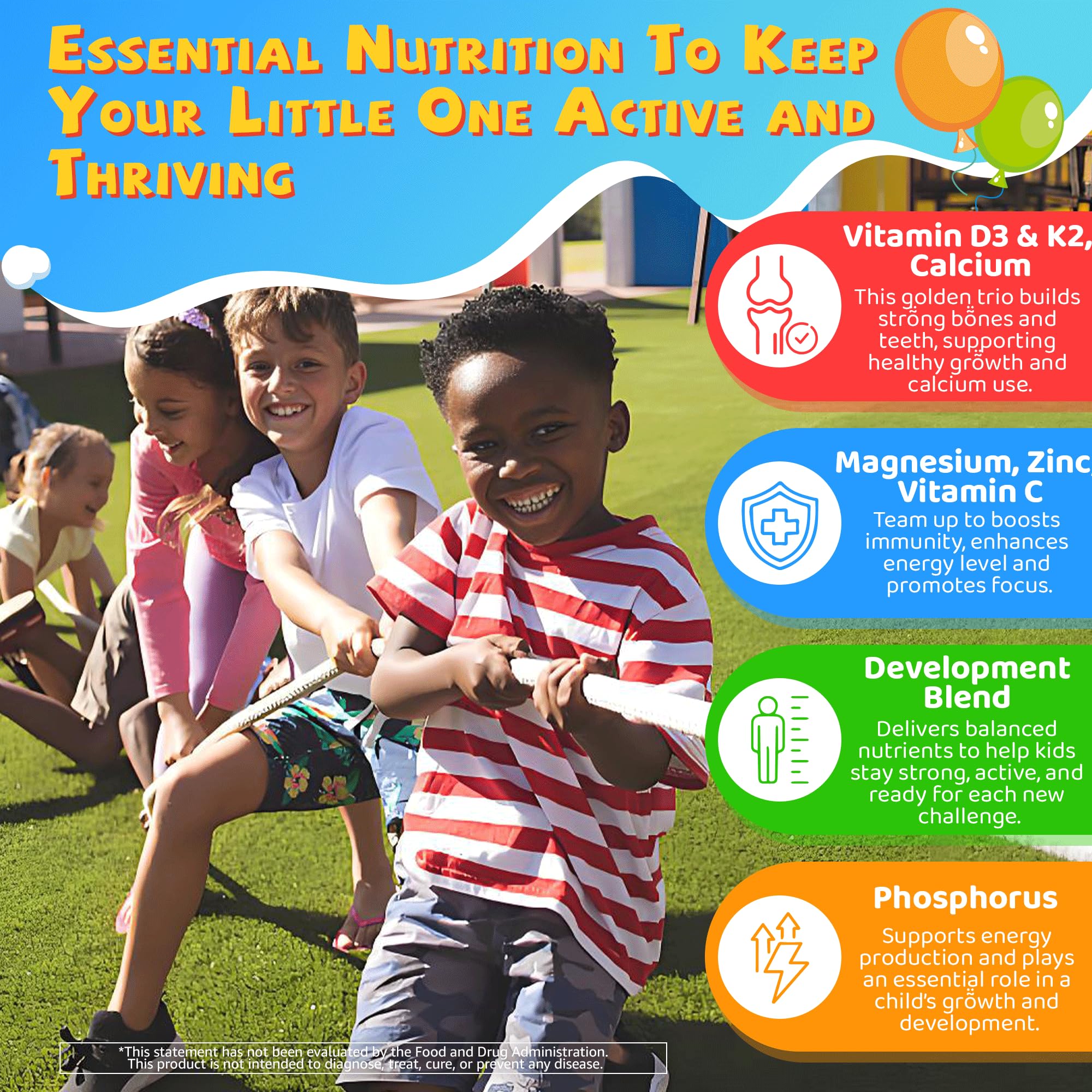 Vitamin D3 K2 Gummies for Kids & Teens + Calcium, Magnesium, Zinc, Phosphorus, C, Kids Multivitamin D3 & K2 Supplement for Bone Health, Calcium Absorption, Focus & Immunity, Non GMO, Sugar Free, 2Pack - Image 4