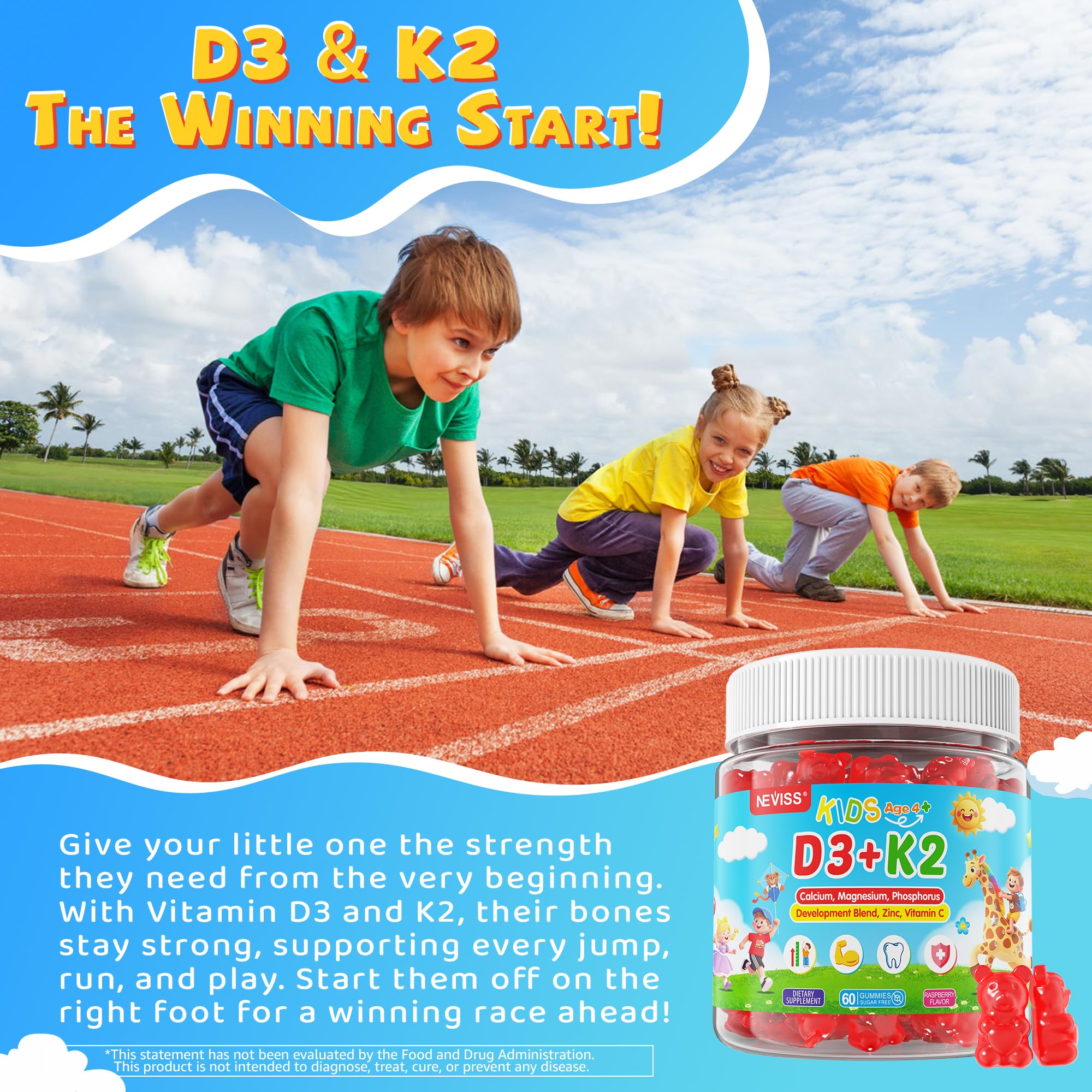 Vitamin D3 K2 Gummies for Kids & Teens + Calcium, Magnesium, Zinc, Phosphorus, C, Kids Multivitamin D3 & K2 Supplement for Bone Health, Calcium Absorption, Focus & Immunity, Non GMO, Sugar Free, 2Pack - Image 5