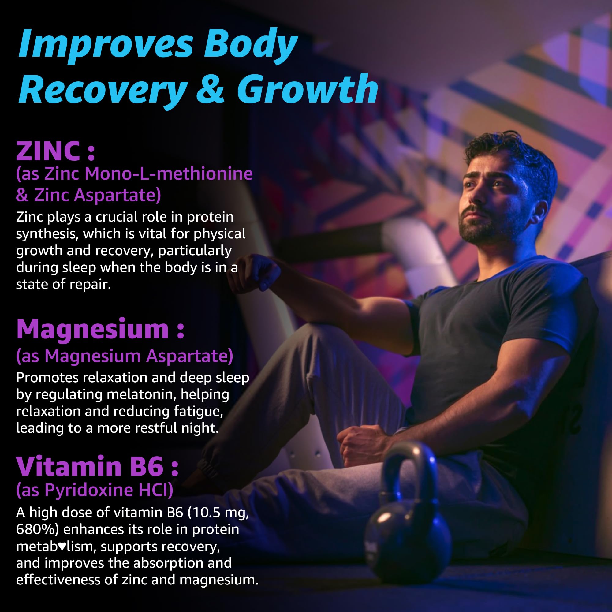 Zinc and Magnesium Supplement, Zinc Magnesium Aspartate Post Workout Gummies for Men Women, with Vitamin B6, B12, D3, Turmeric for Nighttime Recovery, Reduce Fatigue, Boost Immunity & Sleep, 120 Count - Image 3