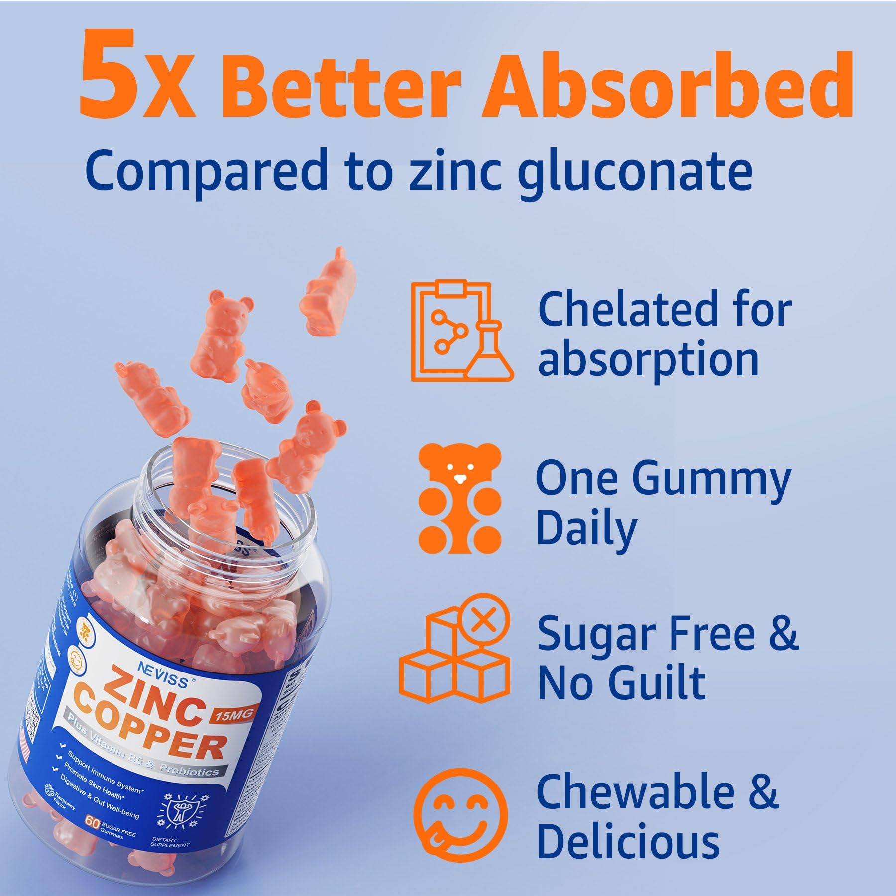 Zinc Picolinate Gummies with Copper + Probiotics, Vitamin B6 for Max Absorption, Zinc Supplements for Men and Women, Two Essential Minerals Balance Formula for Immunity and Gut Health, Vegan, 120 Cts - Image 6